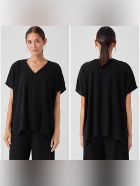 Eileen Fisher Black Woven Plisse Boxy V Neck Crinkle Top Blouse ✨NWOT Sz 1X